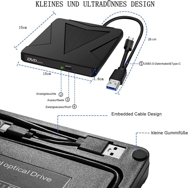 Ulkoinen DVD-CD-asema USB 3.0 & Type-C Plug & Play Kannettava CD DVD +/- KLB