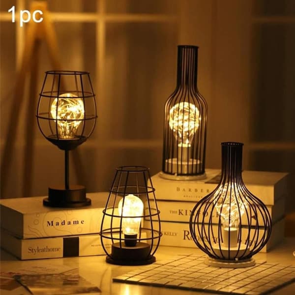 Sort metaltrådsbordlampe, moderne jernkurvstil nattelys, KLB