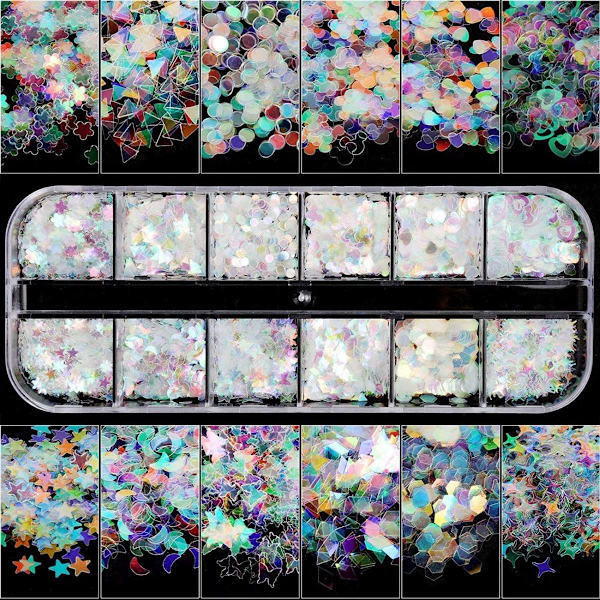 12 farvede hologram neglepaillet med ultra tynde farverige glitterklistermærker med havfrue KLB