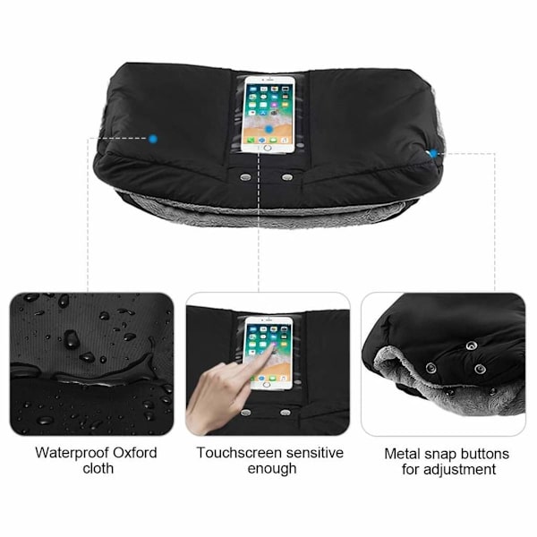Handvärmare, barnvagnshandskar fleece inuti handmuff med mobilficka, KLB