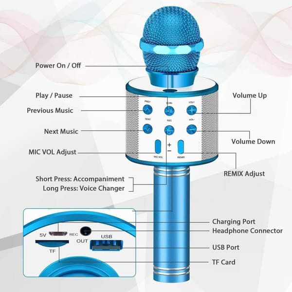 Bluetooth-karaokemikrofoni, langaton, monivärinen LED, sininen KLB