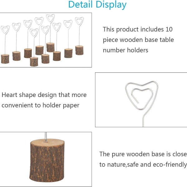 10-pack med platskortshållare med fotohållare i träbas, memokortshjärtklämma KLB