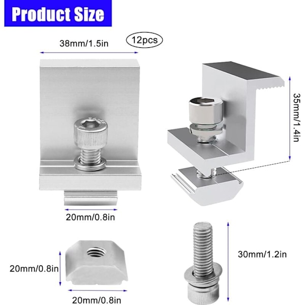 12 stk. aluminiums solcellepanelbrakett, Z-formet solcellepanel monteringsbrakett, med muttere og skruer, for tak, vegger, takinstallasjoner (35mm) KLB