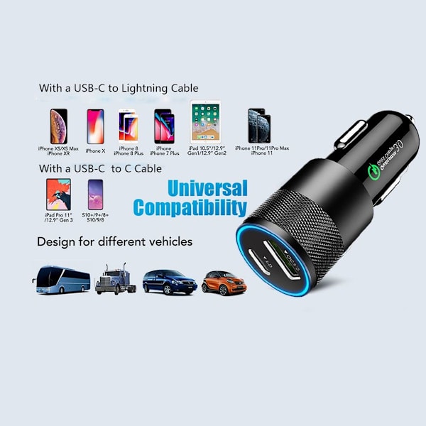 Auton laturi PD USB -auton laturi 2 porttia virransyötöllä MacBook KLB:lle