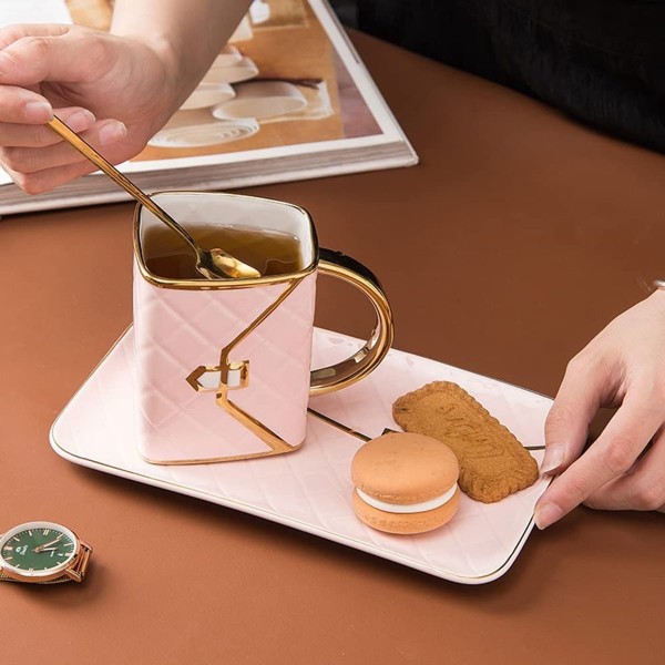 Handväska formad kreativ keramisk kopp och fat porslin bricka rosa