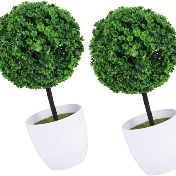 Sæt med 2 små kunstige blomsterkrukker i form af en topiary lavet af hvid KLB