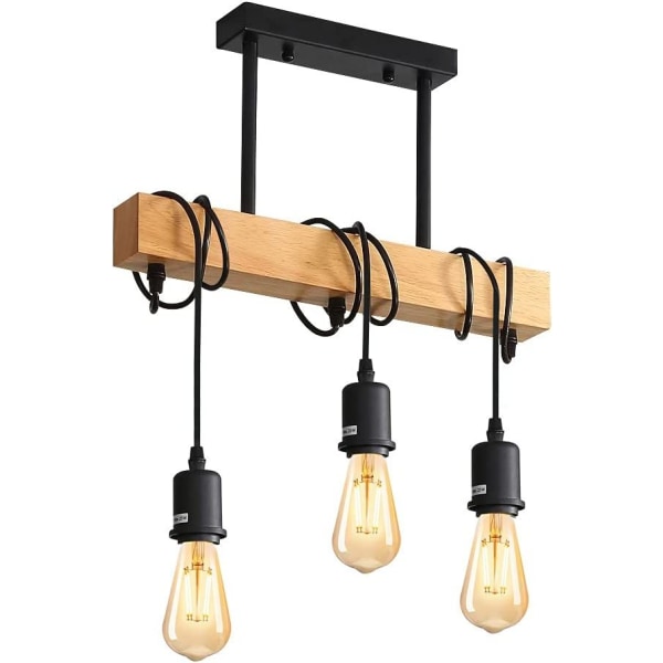 Vintage taklampa, industriell taklampa, justerbar träljuskrona för matsal, vardagsrum, 3 E27-lampor (glödlampa ingår ej)