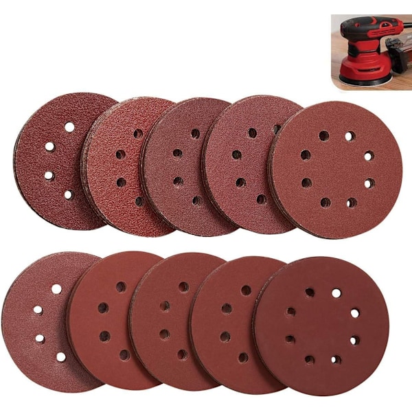 100 kpl levysetti - 125 mm 8-reikäinen hiekkapaperi, 10 hiomahiukkaskokoa, mukaan lukien