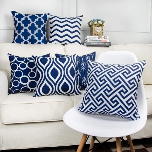 Set med 6 geometriske putetrekk 45 x 45 cm, Art Deco lin kasteputetrekk for utemøbler hage stue sofa bondehusdekor KLB