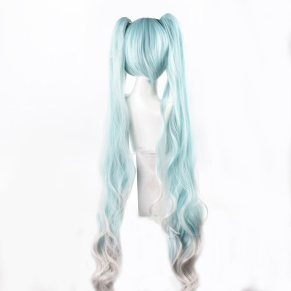 Isblå Gradient Vit Cos Peruk, Långt Lockigt Hår Clip på Hästsvans, Rollspel Peruk, Dubbel Hästsvans Peruk, Rollspel, Vacker Flicka Anime Peruk