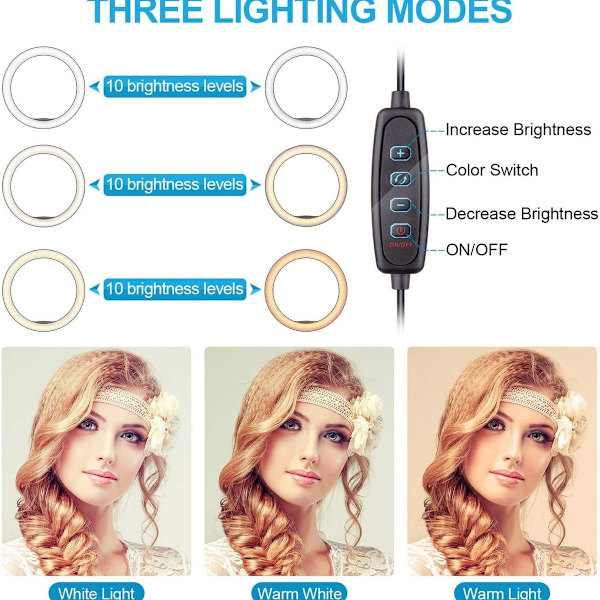 10 tommer selfie ringlys med stativ, dæmpbar LED-bordlampe, kameraringlys med KLB
