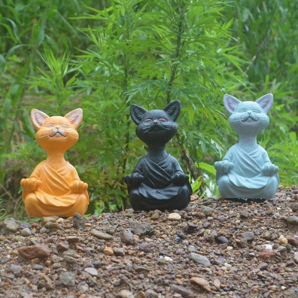 Kolmen meditoivan kissapatsaan set 12,5*5,5*8 cm Onnellinen Buddha-kissan muotoinen Zen-kissapatsas meditaatioon tai joogaan, rento veistos kotiin tai ulkokäyttöön