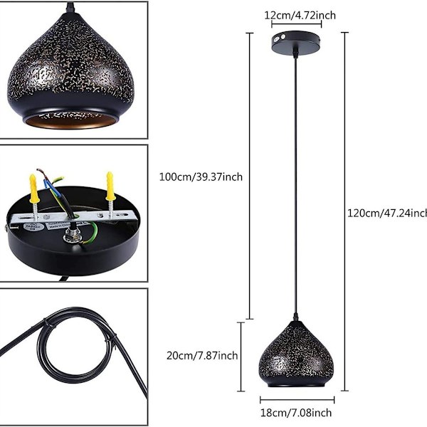 Hengende lampe med perforert design laget av svart og gull metall KLB
