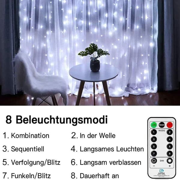 LED-lysgardin, 300 LED-er, 8 moduser, innendørs/utendørs KLB