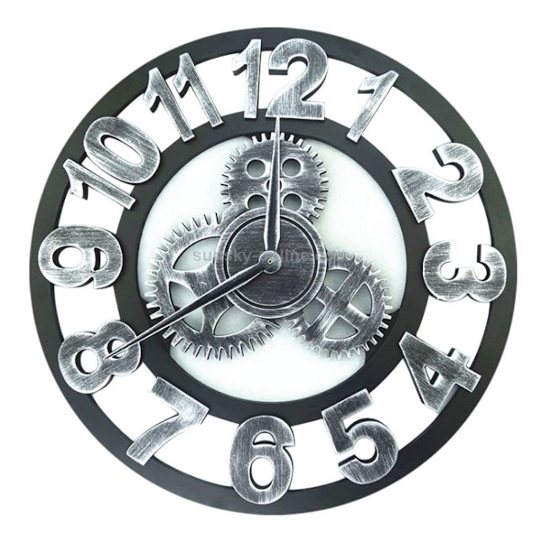 Retro Trä Rund Enkelsidig Växel Klocka Digital Väggklocka 50cm (Silver)