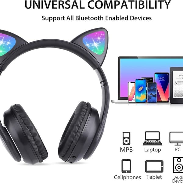 Smuk stereo gaming headset med mikrofon, katteøre, cool sort