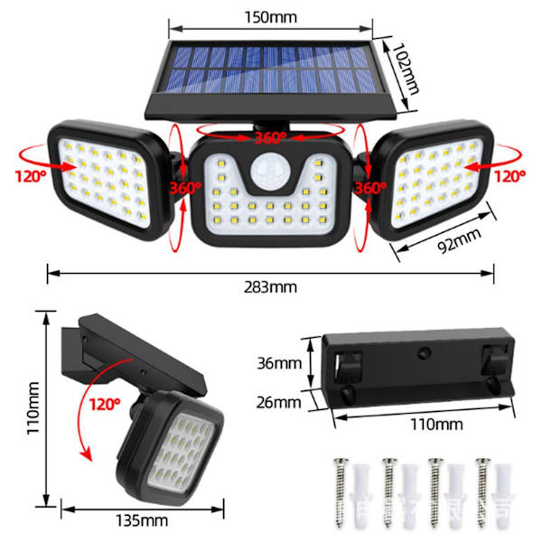 Solcellslampor utomhus 74 LED, rörelsesdetektor, 360 roterbar, utomhusbelysning KLB