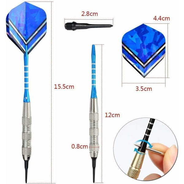Plastspets Dart [18g], Kit med 12 Dartpilar för Elektroniska Dart Spel (42 Flights + 100 Tips + Extra 6 Aluminium Skaft) KLB