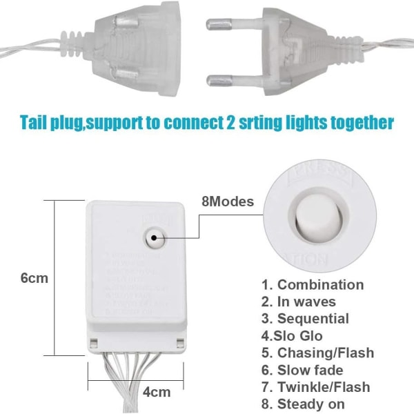Snøfnugg gardinlys, 3,5 m, 96 LED-lyssnor, 8 lysmoduser