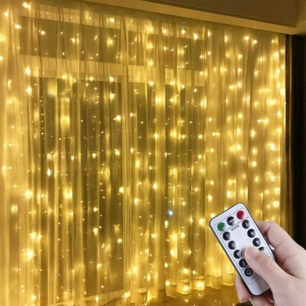 Gardinlys 3 × 3M 300 LED 8 lystilstande,USB-fjernbetjening Gardinlys vinduesdekoration,indendørs til jul,bryllup,hjem,gårdhave-varm hvid
