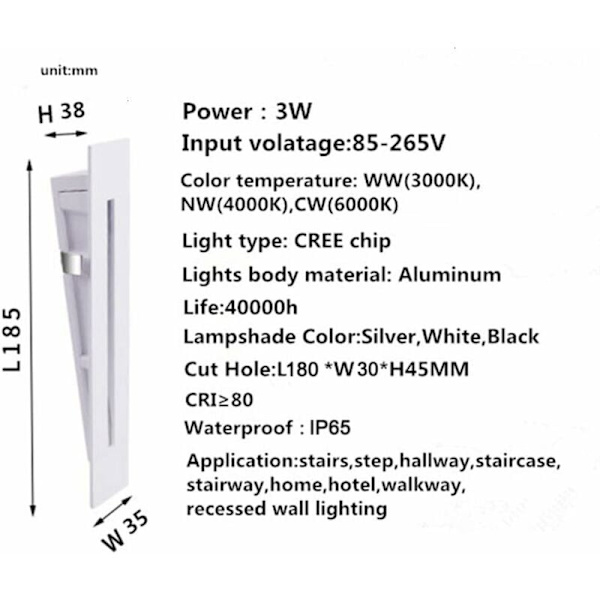 LED Indbygget Trappe Lys Trin Lys 220V Indendørs Hjørne Væg Lys Trin Dekoration Lampe Gang Trappe Lys Med, 2stk, Varm Hvid, Sort KLB