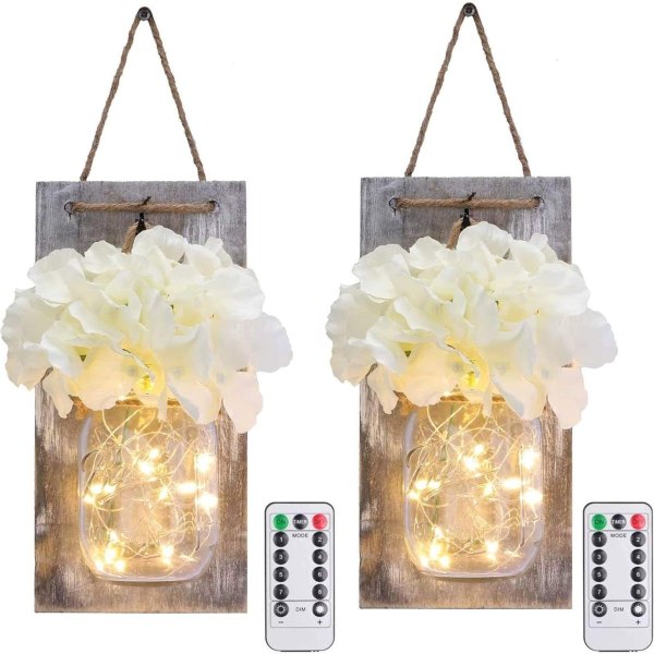Pakke med 2 LED-lyskæder, vintage murlampe i mason jar med kunstig KLB