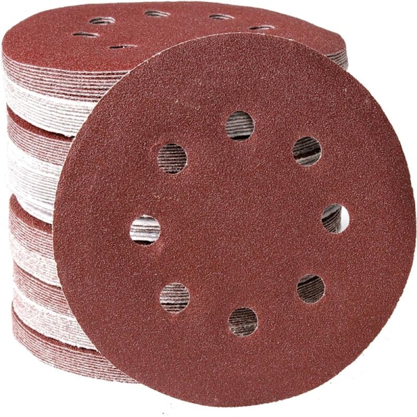 100 stk. 125 mm slibeskive til P80/P120 korn excentersliber, 8 huller krog- og løkke-skive med velcro, farve: P80 KLB