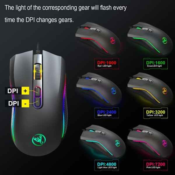 RGB-bakgrunnsbelyst spillmus, kablet, ergonomisk