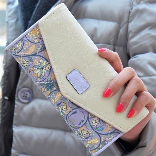 Fashion Dame Læder Clutch Pung Lang Tegnebog Møntpung (He