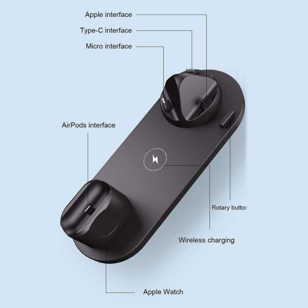 Trådløs oplader, 6 i 1 induktiv opladningsstation med 10W sort