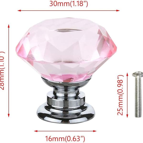 6 stk. 30mm lyserøde krystaldiamant møbelknopper KLB