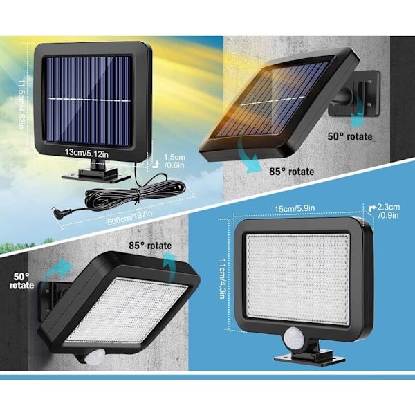 1PCS Utomhus Solcellslampa, 56 LED Solcellslampa med Rörelsesensor, IP65 Vattentät, 120° Strålvinkel, Solvägglampa för Trädgård med 5M Kabel KLB