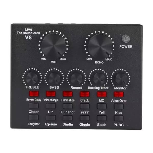 V8P live lydkort, one-touch mute, stemmeændring, dobbelt mikrofon KLB