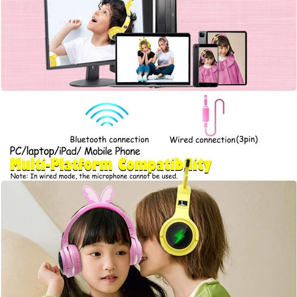 Barnens headset spelheadset med mikrofon, LED-ljus, Pikachu gul