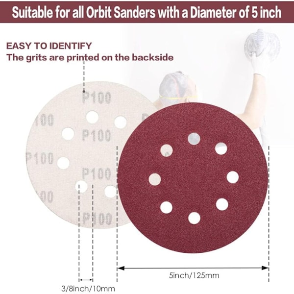 100 stk. slibeskiver 125 mm korn 100, sandpapir slibeskiver 8 huller ideel til slibning/polering til excentrisk slibemaskine KLB