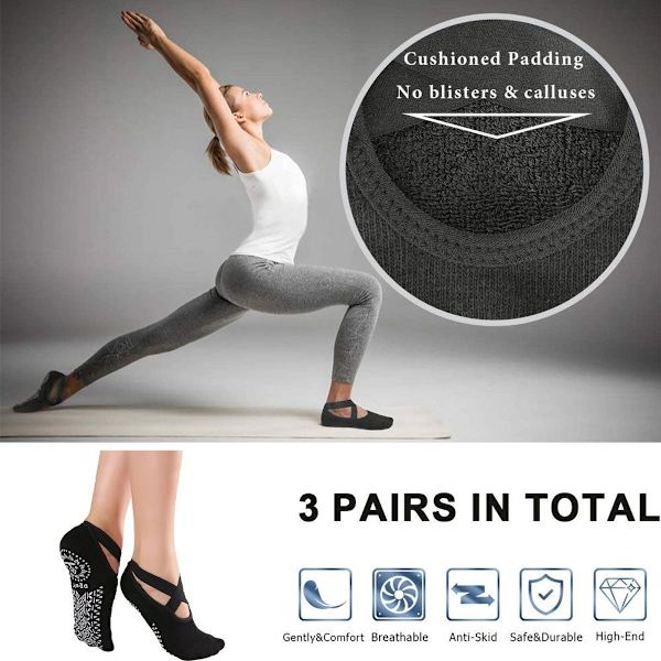3 par yoga sokker til kvinder, skridsikre seler, ballet, sort KLB