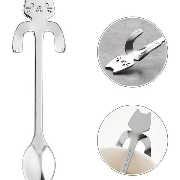 Mini rustfrie stål kaffeskjeer \"Katt\" sett med 4 for te, suppe,