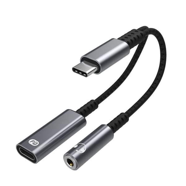 USB-C till 3,5 mm hörlurs- och laddningsadapter, 2 i 1 USB-C grå