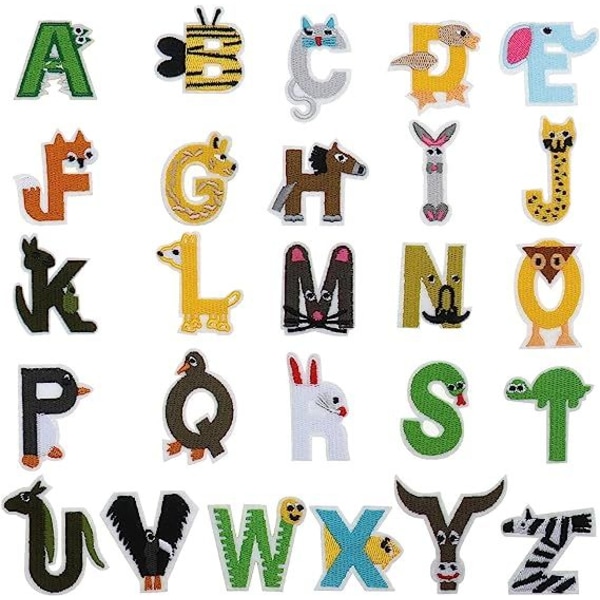 26 kpl AZ Alphabet Animal Brodeeratut merkit, Ommeltavat tai silitettävät merkit, Korjauskoristelut vaatteille, Hatut, Reput, Moniväriset, One size