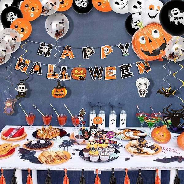 Halloween-ilmapallot - Halloween-koristeet, Halloween-seinävaatepaketti, 48 ilmapalloa, 25 valokuvarekvisiittaa, banderolleja, kurpitsoja, kirjainseppeleitä