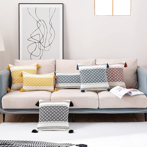 Sett med 2 45 x 45 cm, Rød og hvit moderne bohemsk firkantet putetrekk Jacquard vevd dekorativt putevar for stue sofa soverom