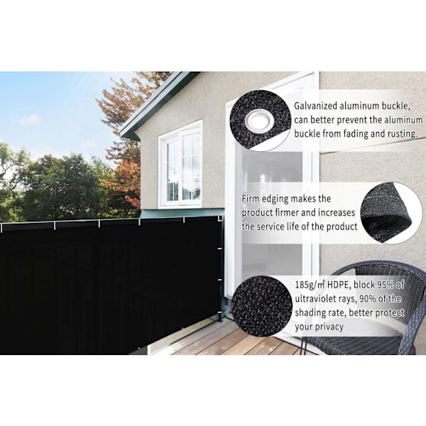 Sekretess Sichtschutz och Solskydd för Balkong HDPE - UV-beständig, Rivtålig/Söm Repskyddad (0,9x3m, Svart) KLB