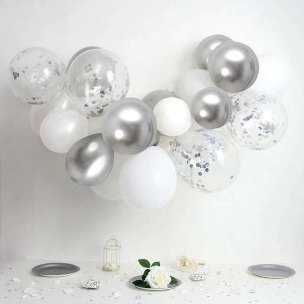 Pakke med 50 12" sølv hvid sølv konfetti latex balloner