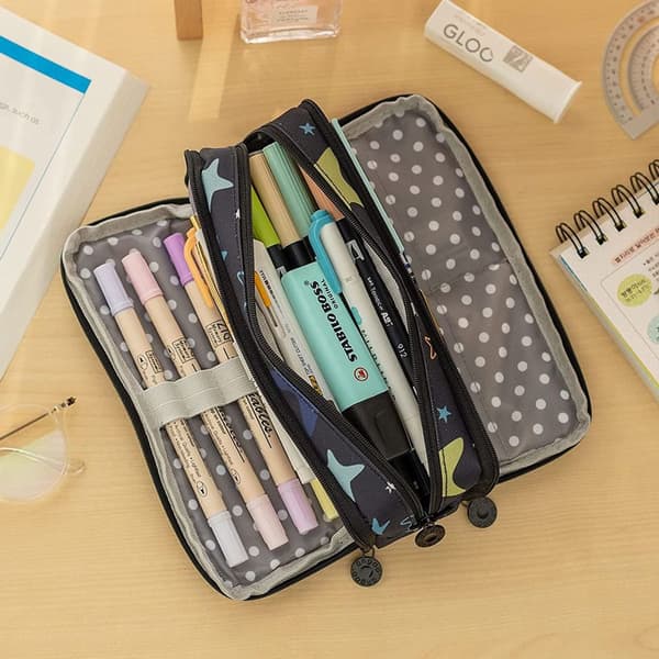 Pencil Case Stor Kapacitet 3 Rum Linned Pencil Case Style 1 KLB