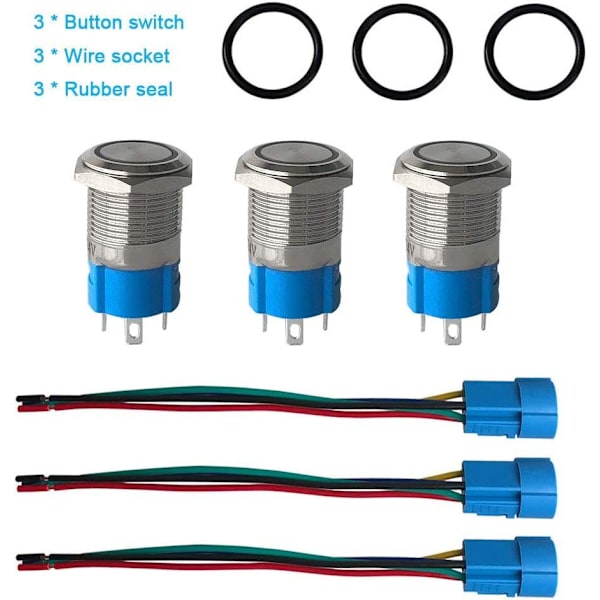 3 stk Premium 12V/24V 5A Momentary Trykknappbryter, 16mm Trykknappbryter, Blå LED IP67 Vanntett Bryter med Strømstikkontakt