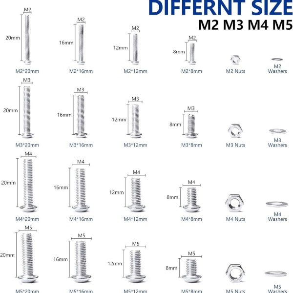 Utvalg av rustfrie stålskruer med rundt hode, flate hodeskruer, sekskantskruer, runde muttere, KLB