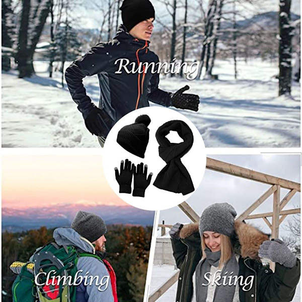 Hatt, halsduk, handskar, tredelad uppsättning, varm isolering, förtjockad svart