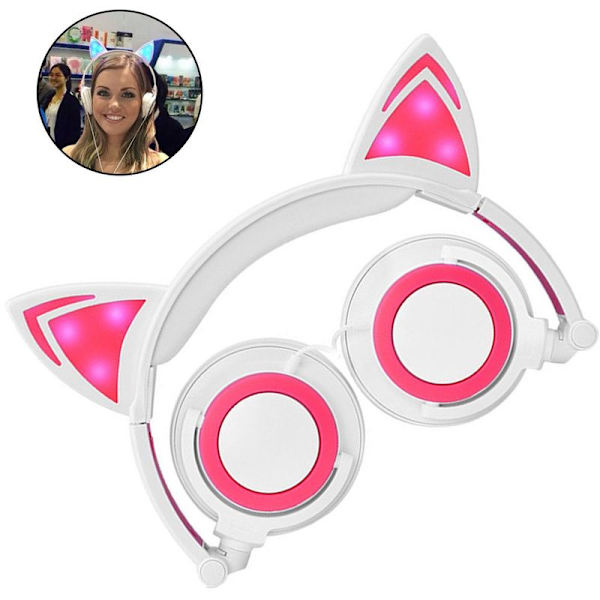 Kattørehodetelefoner med LED-lys som blinker, sammenleggbare hvite og rosa