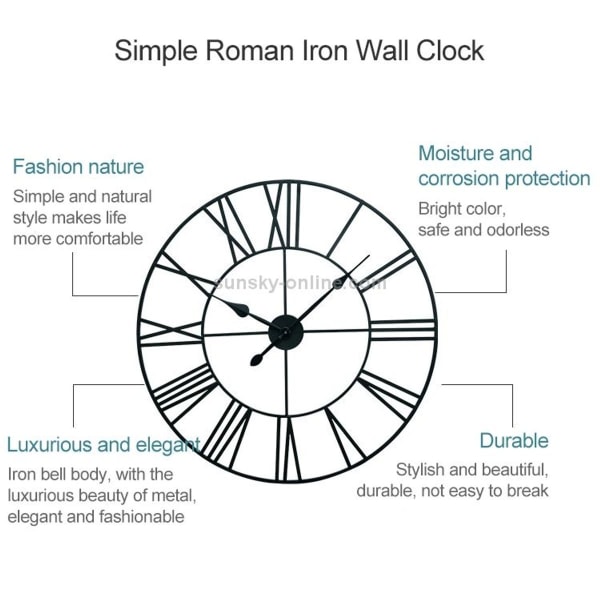 60cm Retro Vardagsrum Smidesjärn Rund Romersk Tyst Dekorativ Väggklocka (Svart