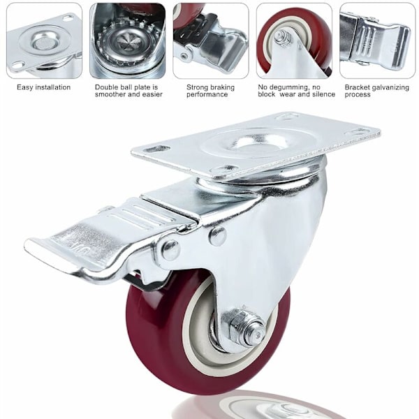 100mm svingbare transporthjul med bremser og skruer - 360° rotasjon - for pallemøbler - Maksimal belastning: 135 kg - (Rød, 1 stk) KLB